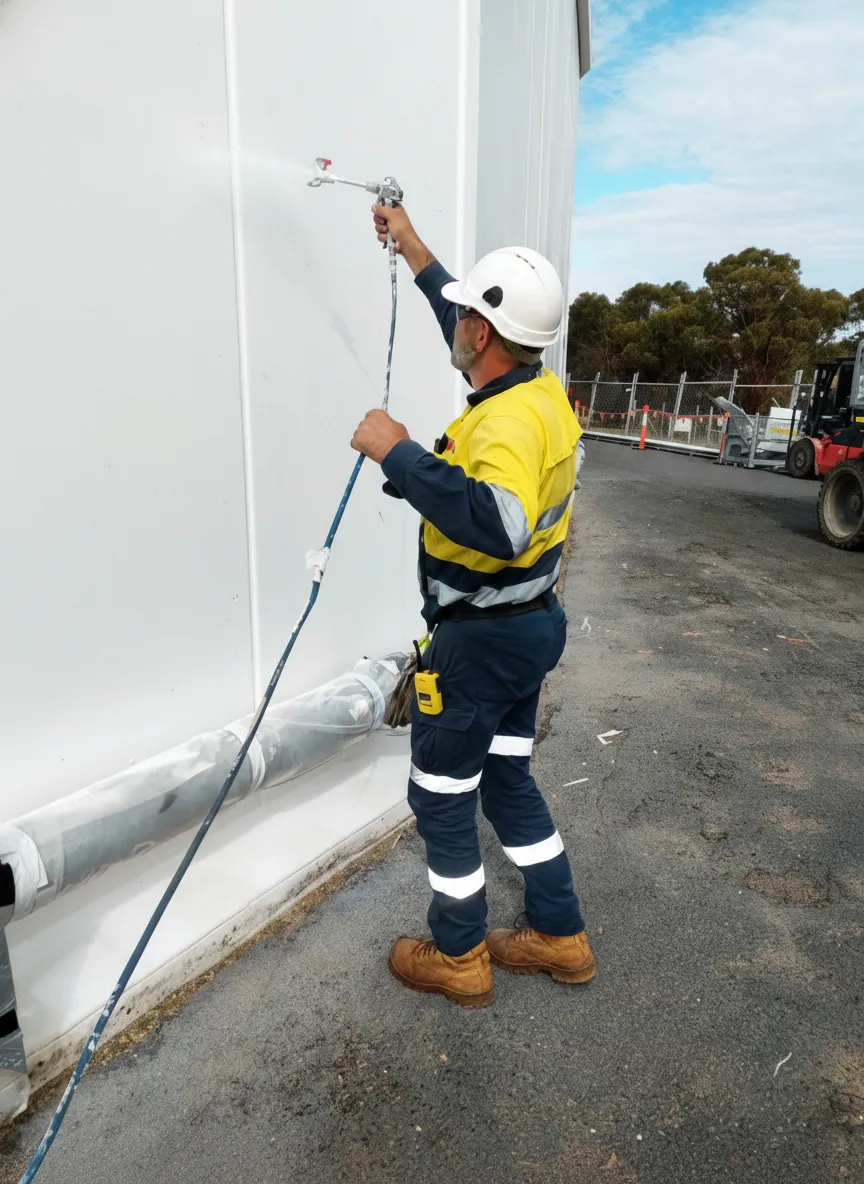 A worker applying sealant to a silo.